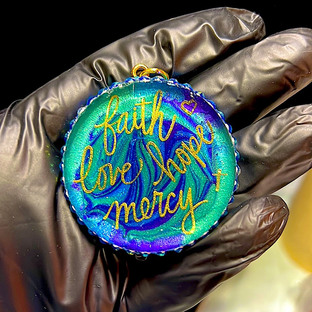 Resin keychain: “Faith, Love, Hope, Mercy”
